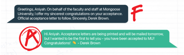 Admissions text example: "Hi Aniyah, I wanted to be the first to tell you... You've been accepted to MU! Congratulations! -Derek Brown"